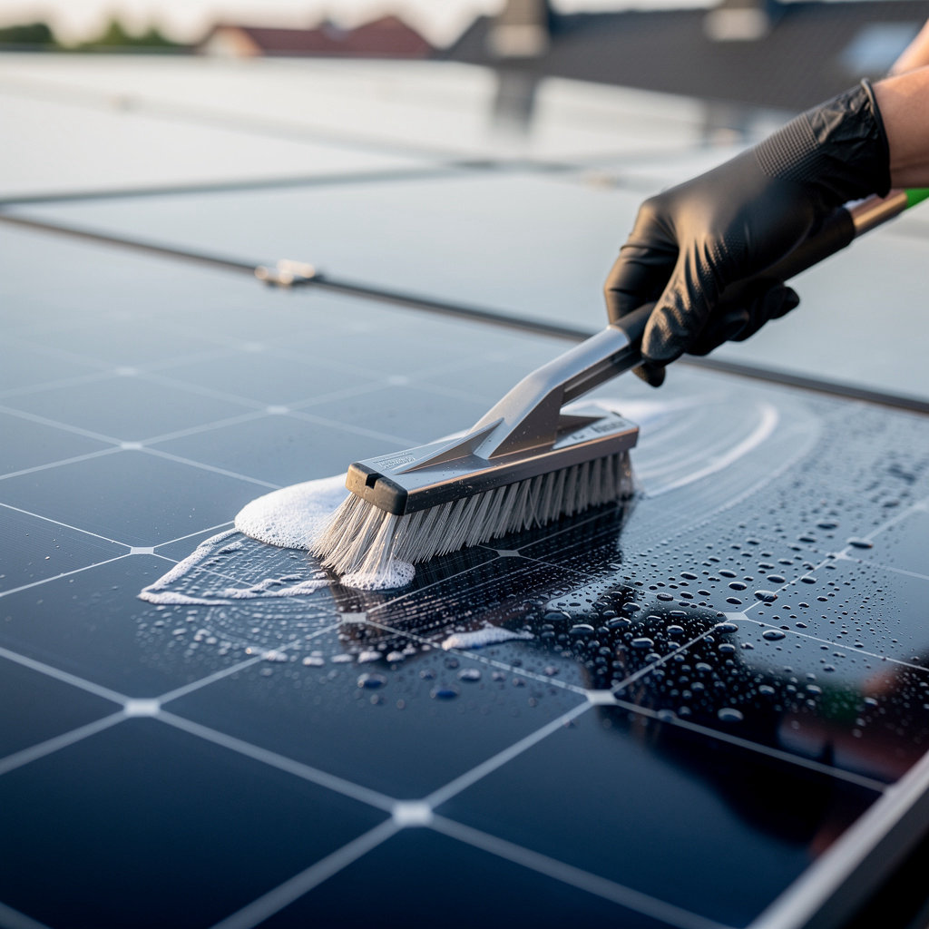 Solar Cleaning Specialist technician performing a thorough solar panel cleaning with specialized equipment