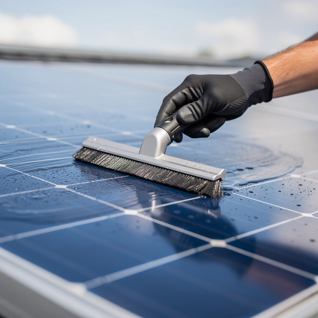 Solar Cleaning Specialist technician performing professional solar panel cleaning service to boost energy efficiency